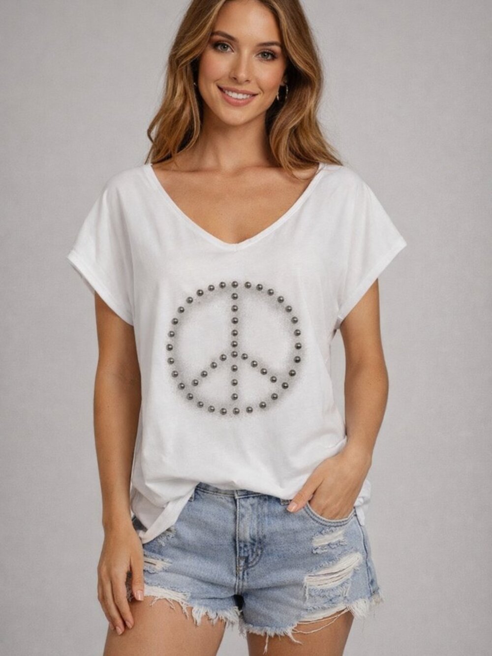 POL White Peace Sign Studded V-Neck T-Shirt  Short Sleeve Oversized Medium  NWOT